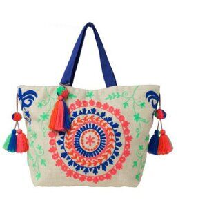 NWT LILLY PULITZER Seacrest Embroidered Boho Large TOTE TASSELS POM POM HTF